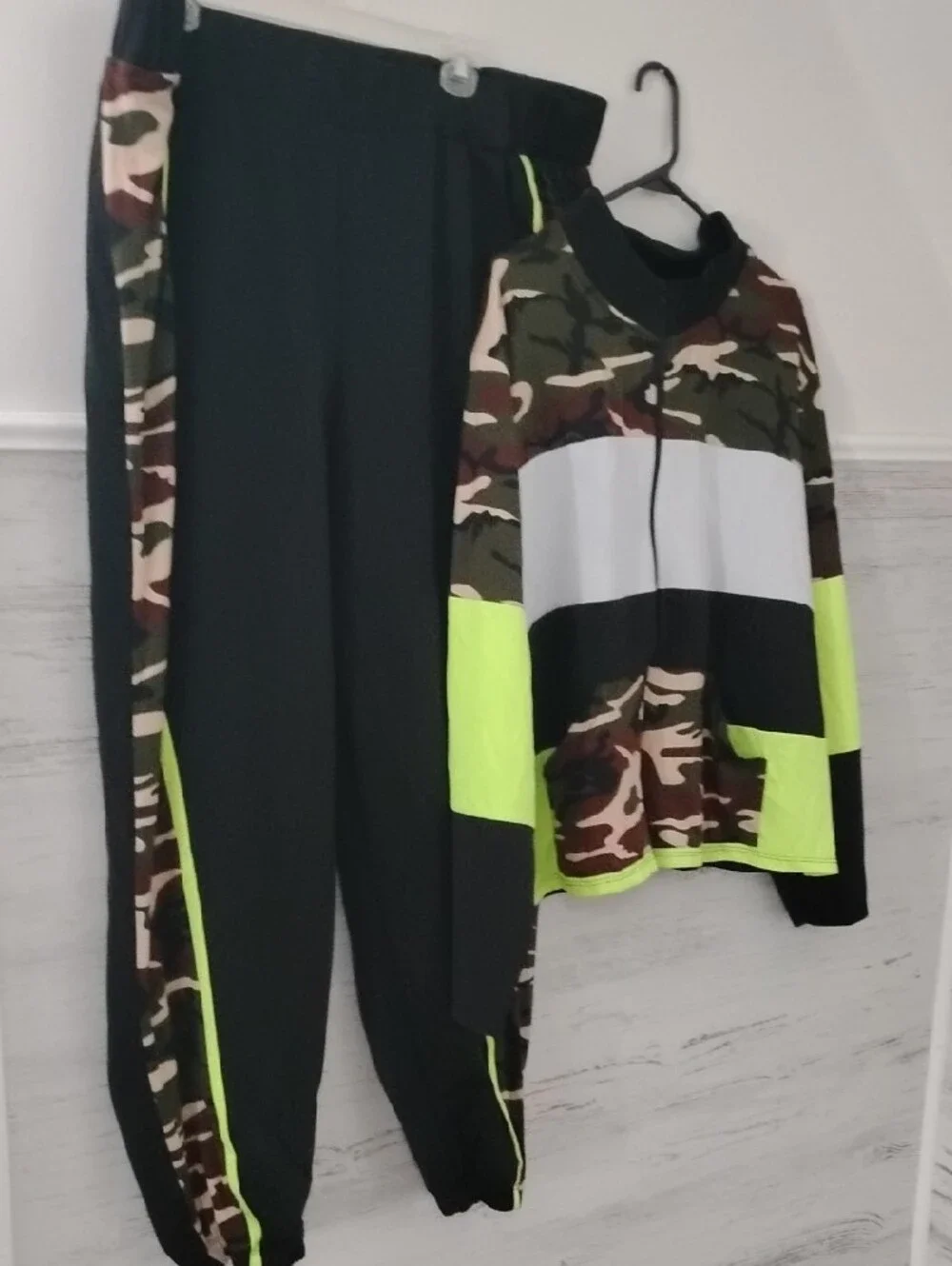 Ashley Stewart Camouflage Track Jacket & Matching Pants with Neon Yellow Accents